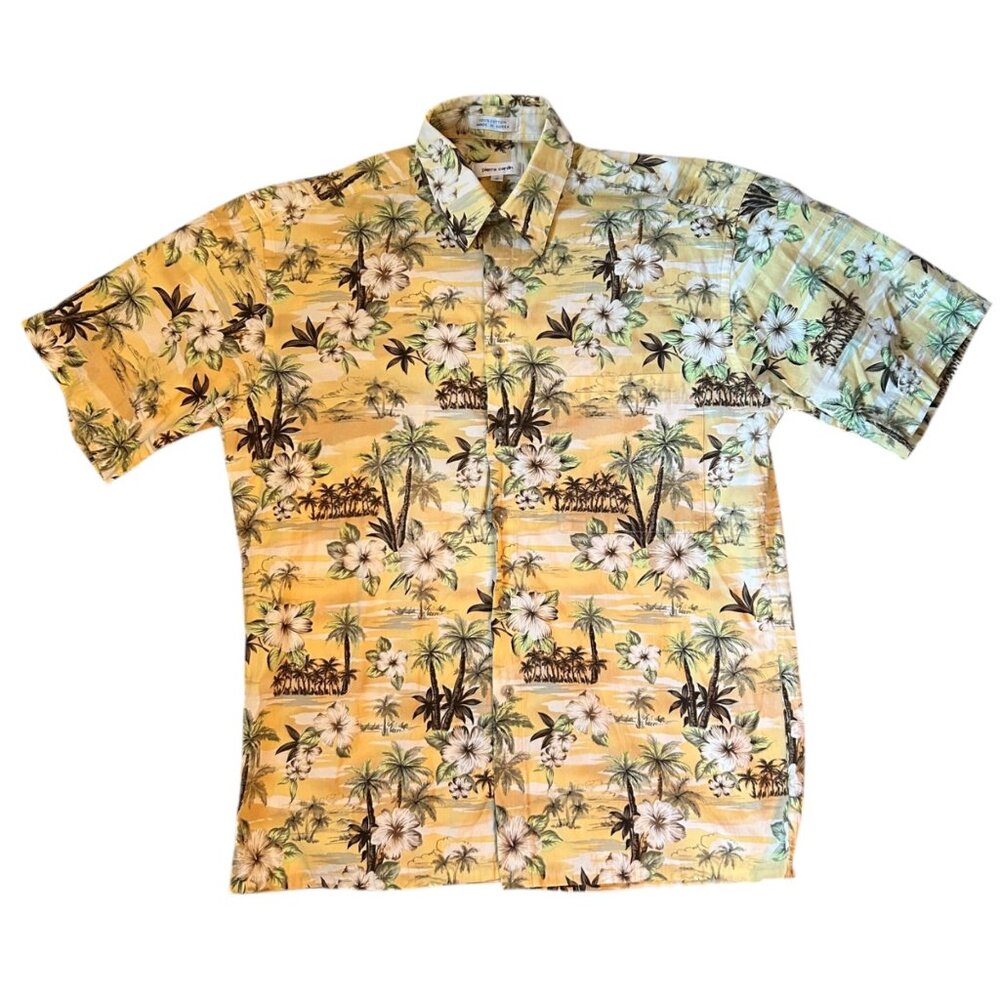 Pierre Cardin Hawaiian Tropical Yellow Palm Tree Floral Button Up Shirt M